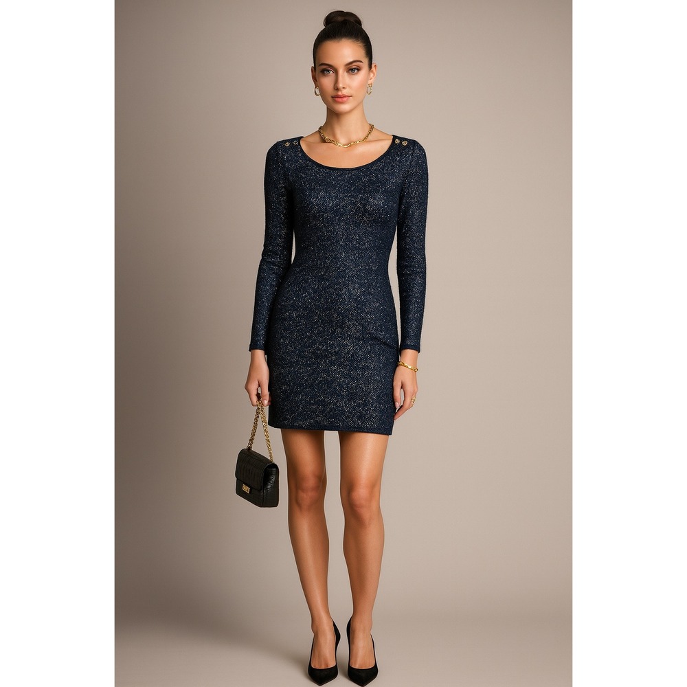 Navy Blue Sparkle Knit Dress Long Sleeve Career Cocktail Party Small